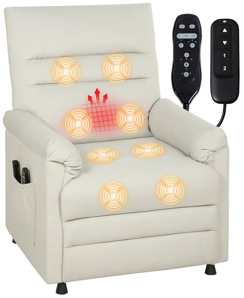 HOMCOM Fotoliu relax electric masaj și încălzire, fotoliu inclinabil, suport pentru picioare, motor silențios, 82x99x106cm, crem | Aosom Romania