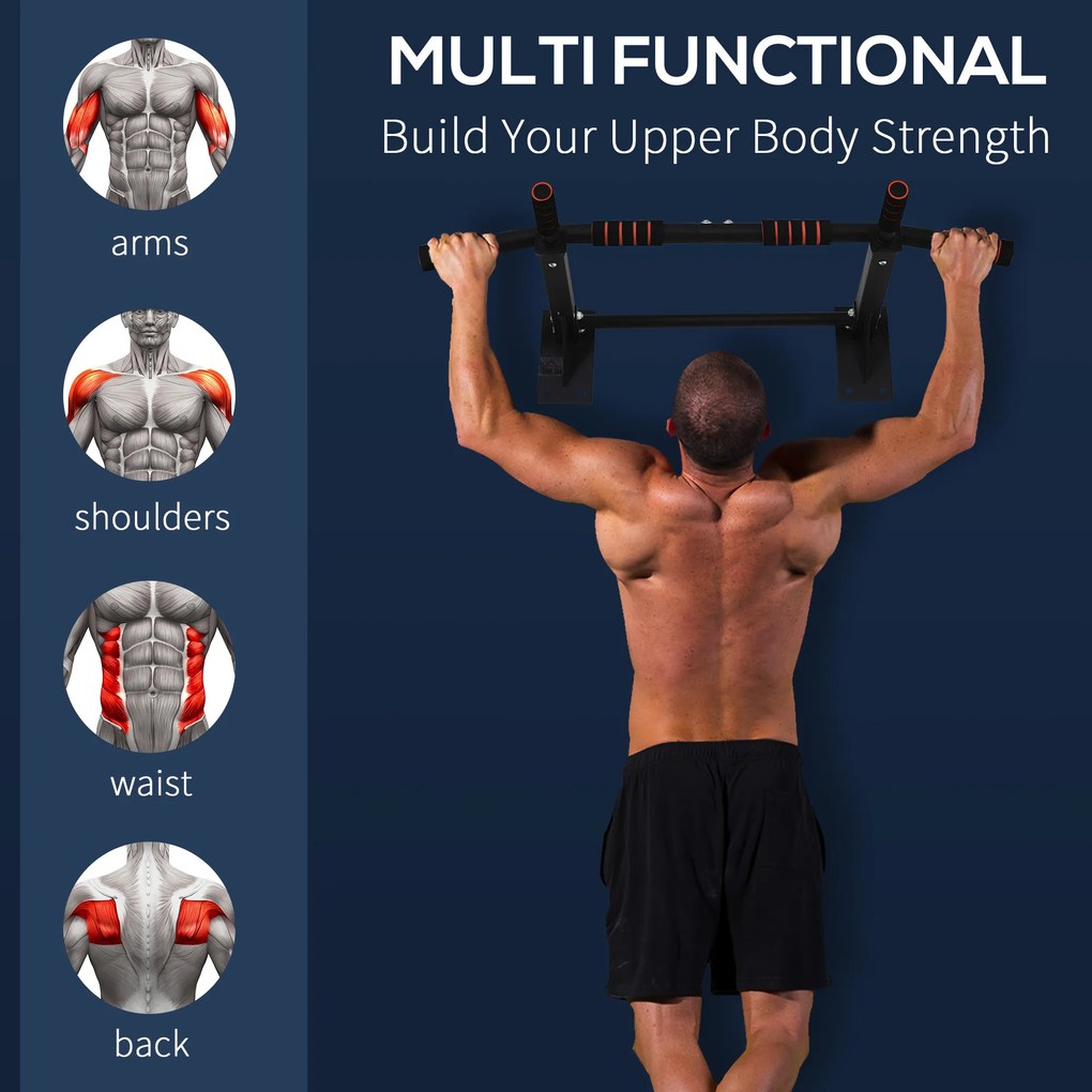 HOMCOM Bară de Tracțiuni Multifuncțională din Oțel, Montare pe Perete din Lemn sau Ciment, 94x51x18 cm, Neagră | Aosom Romania
