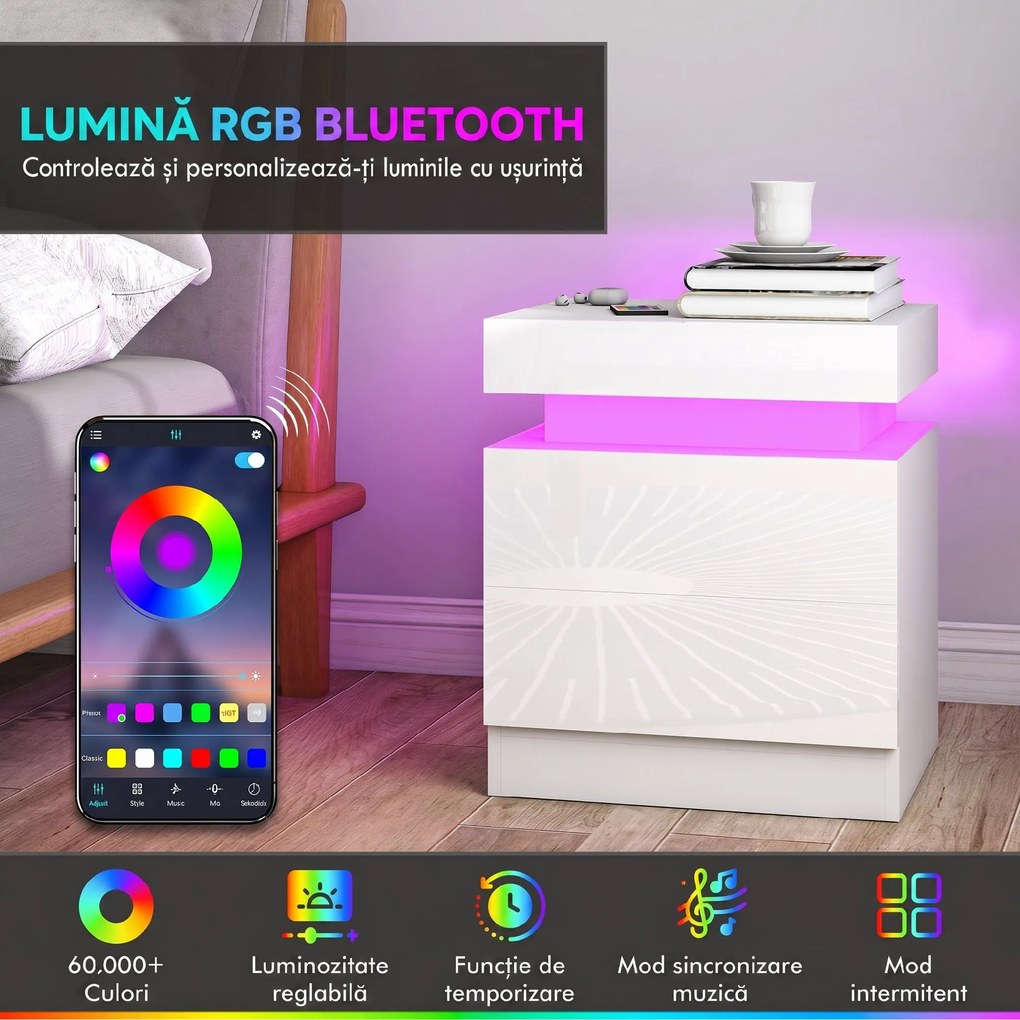 HOMCOM Set 2 Noptiere LED cu 4 Moduri, 2 Sertare, PAL, 45x35x52 cm, Alb Lucios | Aosom Romania