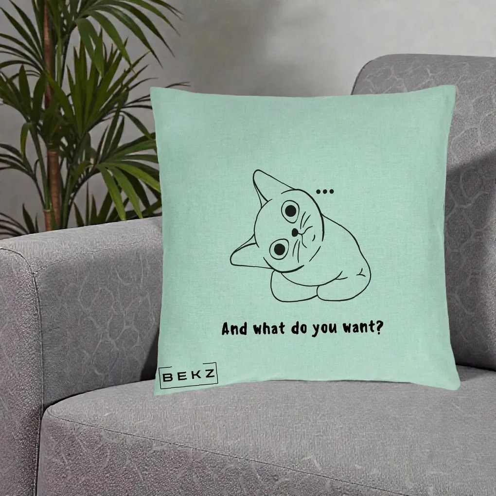 Perna Decorativa And What Do You Want Cat, 40x40 cm, Verde Menta, Husa Detasabila, Perna Inclusa, BEKZ®