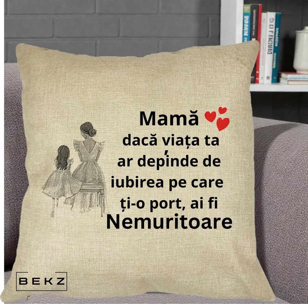 Cadou pentru Mama - Perna Personalizata Mama Nemuritoare Line Art, 40x40 cm, Crem, Husa Detasabila, Perna Inclusa, BEKZ®