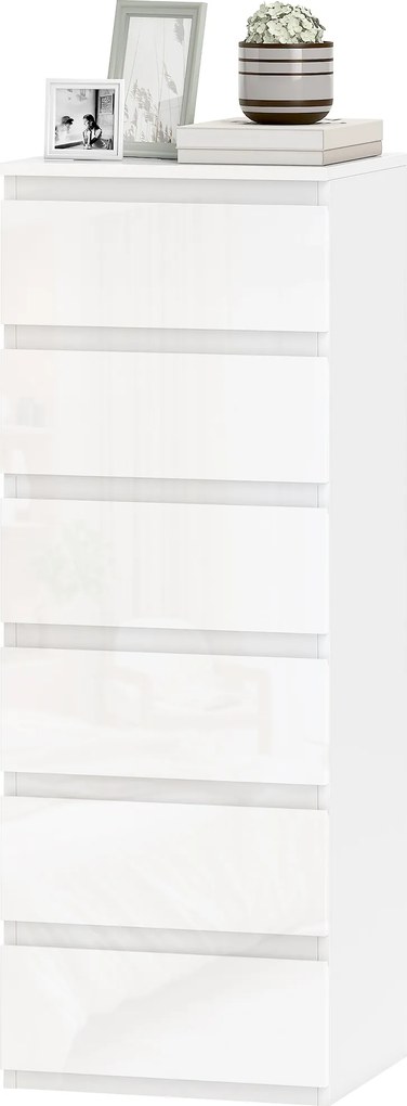 HOMCOM Comodă 6 sertare cu luciu înalt, mobilier de depozitare îngust fără mânere, 40 x 35 x 109 cm, alb | Aosom Romania