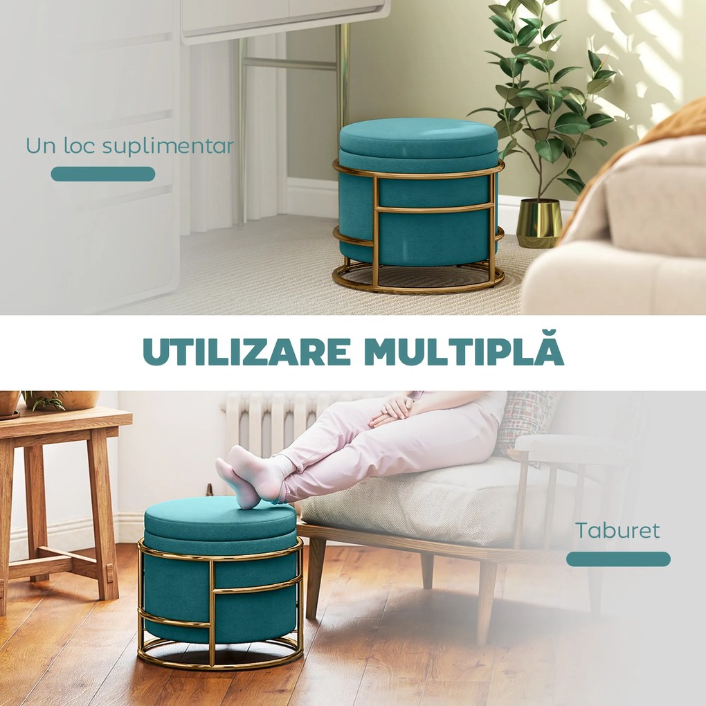 HOMCOM Pouf cu Spațiu de Depozitare în Catifea, 24L, Capac Detasabil, Ø42x39cm, Verde | Aosom Romania