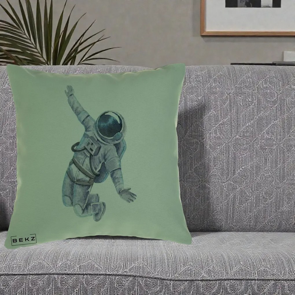 Perna Decorativa Astronaut Acuarela Zbor, 40x40 cm, Verde, Husa Detasabila, Perna Inclusa, BEKZ®