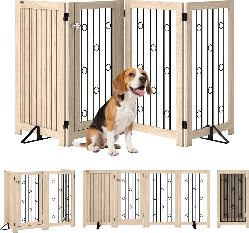 PawHut Poartă pentru animale independentă, poartă pentru câini cu ușă, 4 panouri, pentru hol, scară, tocul ușii, MDF, oțel | Aosom Romania