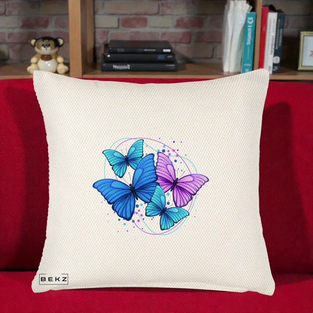 Perna Decorativa Patru Fluturi Turcoaz-Violet, 40x40 cm, Crem Reliefat, Husa Detasabila, Perna Inclusa, BEKZ®