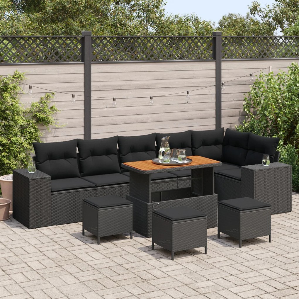vidaXL Set de canapele de grădină , 9 piese, cu perne, din rattan sintetic negru, acacia