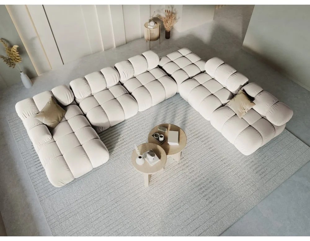 Colțar modular bej cu tapițerie din catifea (cu colț pe partea dreaptă/în formă de "U") Bellis – Micadoni