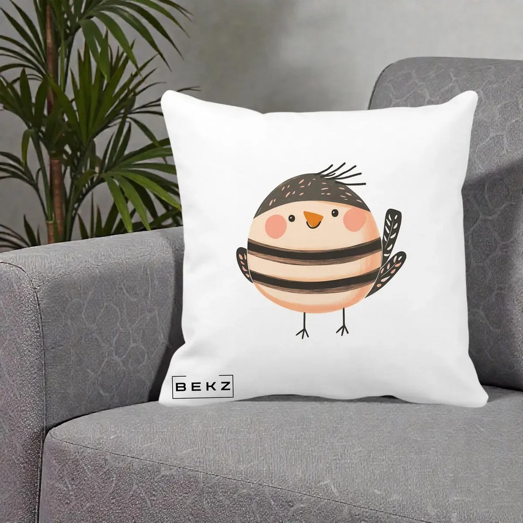 Perna Decorativa Pui Kawaii Bej-Negru Dungat, 40x40 cm, Alba Mata, Husa Detasabila, Perna Inclusa, BEKZ®
