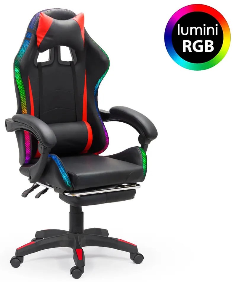 Scaun de gaming cu masaj si iluminare RGB din piele ecologica OFF 303 rosu cu negru