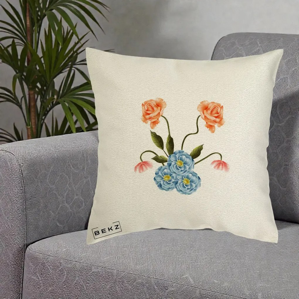 Perna Decorativa Trandafiri si Bujori Acuarela, 40x40 cm, Ecru, Husa Detasabila, Perna Inclusa, BEKZ®