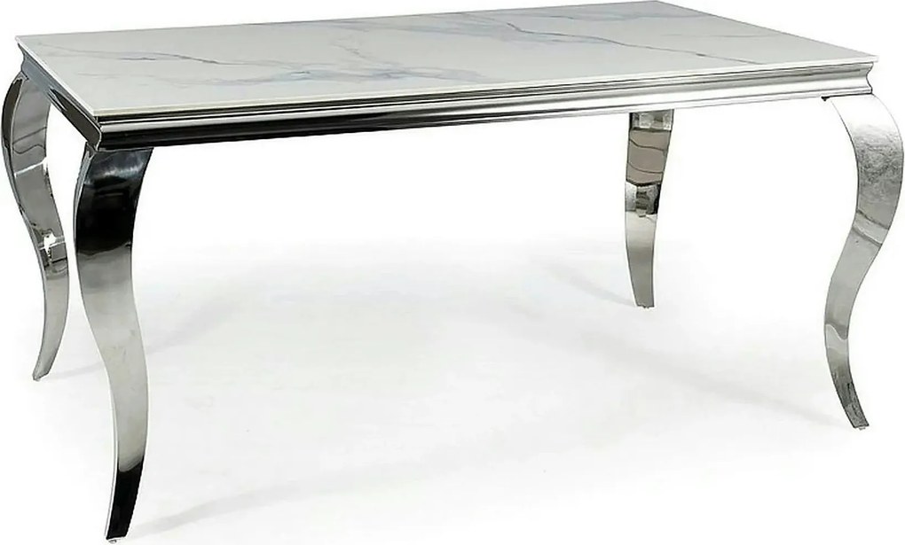 Masa PRINCE, alb cu efect de marmura/crom, ceramica/metal, 150x90x75 c