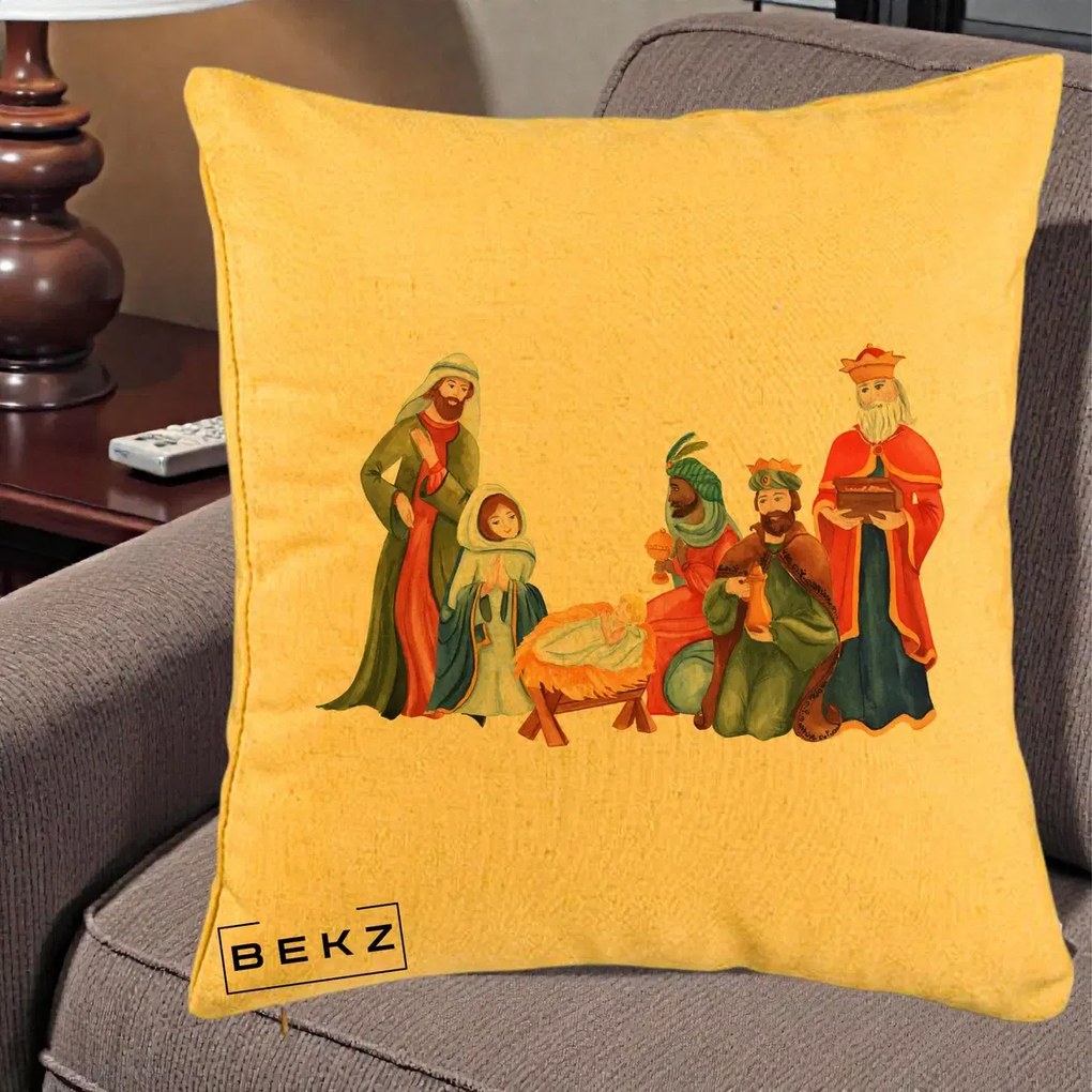 Perna Decorativa Nasterea Domnului Cei Trei Magi Acuarela, 40x40 cm, Galben, Husa Detasabila, Perna Inclusa, BEKZ®