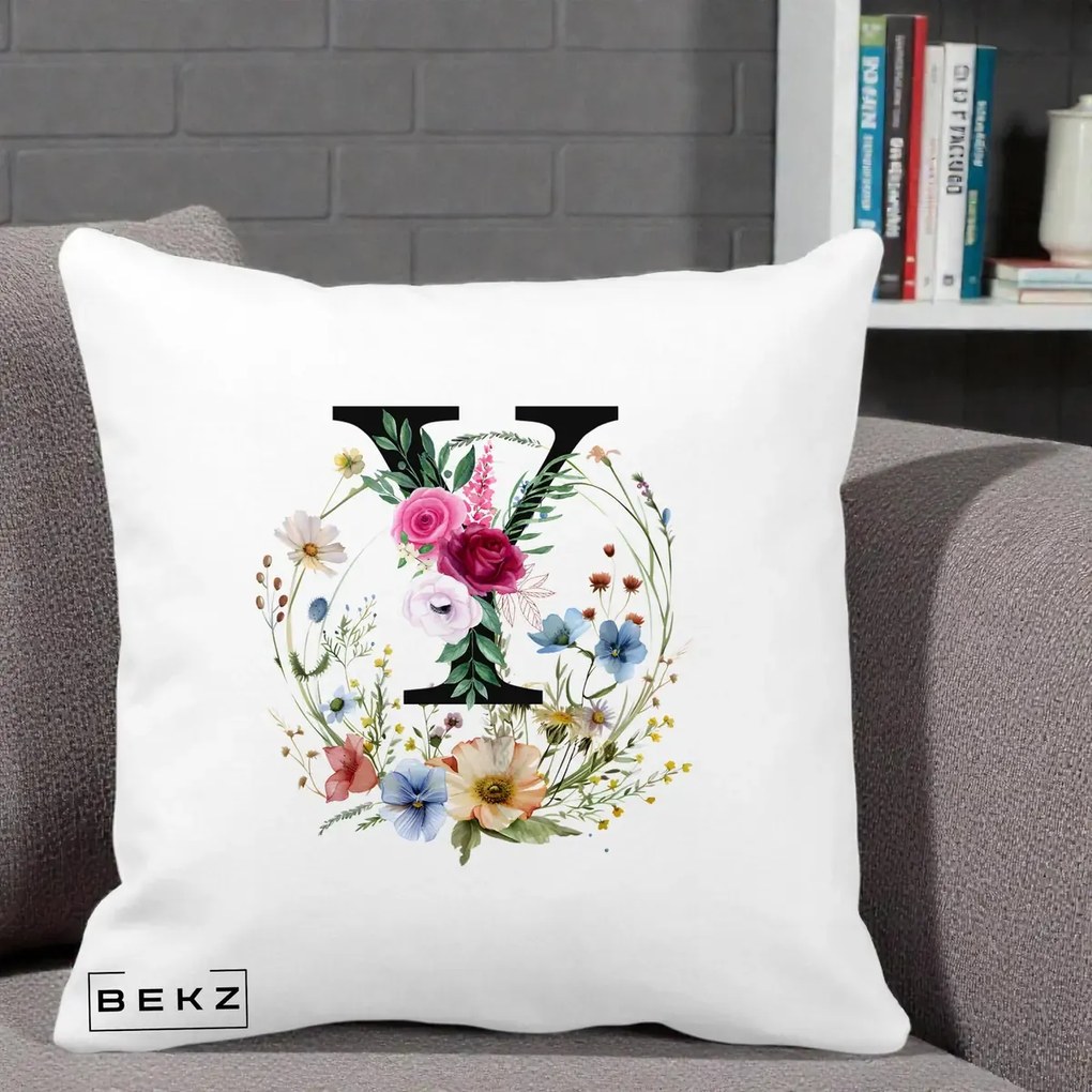 Cadou Personalizat - Perna Personalizata Monograma Florala Litera Y cu Coroana, 40x40 cm, Alba Mata, Husa Detasabila, Perna Inclusa, BEKZ®