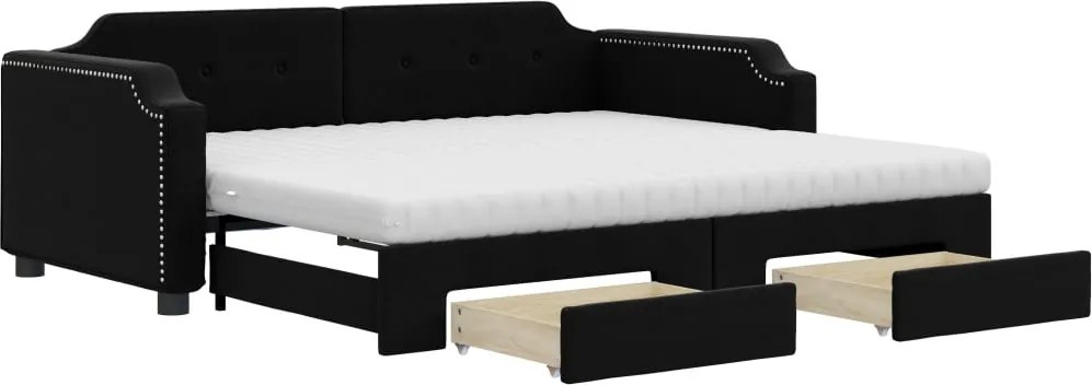 vidaXL Pat de zi cu extensie și sertare, negru, 90x190cm, textil