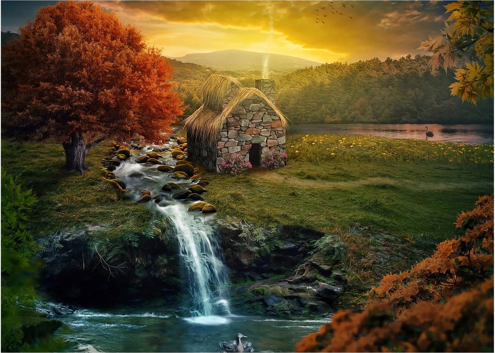 Tablou cu căbănuță în peisaj de poveste (70x50 cm)