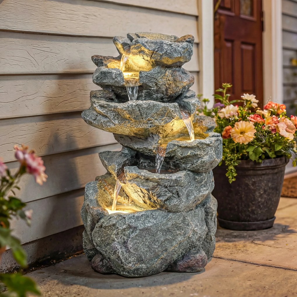 Outsunny Fântână de exterior cu design de rocă în 6 niveluri, cascadă de apă cu lumini LED, debit reglabil, gri | Aosom Romania