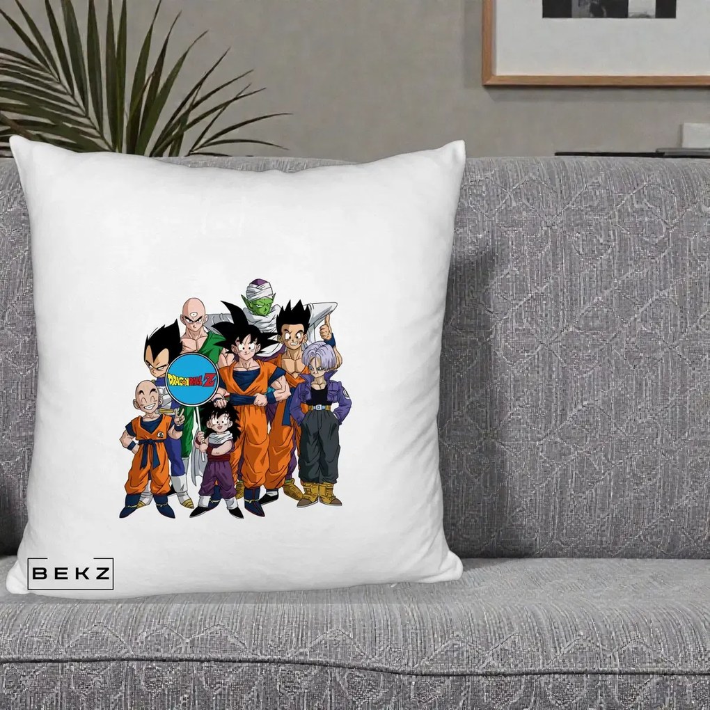 Perna Personalizata Dragon Ball Z Grup Complet, 40x40 cm, Alb Pufos, Husa Detasabila, Perna Inclusa, BEKZ®