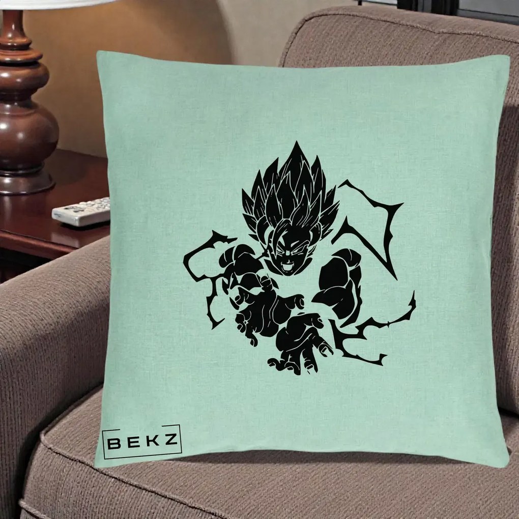 Perna Personalizata Dragon Ball Goku Super Saiyan Silueta, 40x40 cm, Verde Menta, Husa Detasabila, Perna Inclusa, BEKZ®