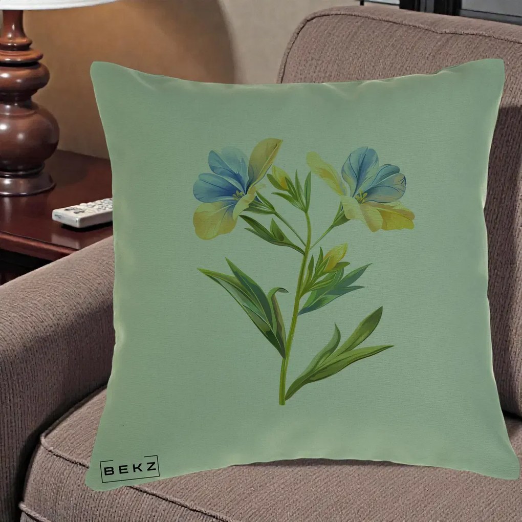 Perna Decorativa Botanica Frezie Galbena si Albastra, 40x40 cm, Verde, Husa Detasabila, Perna Inclusa, BEKZ®
