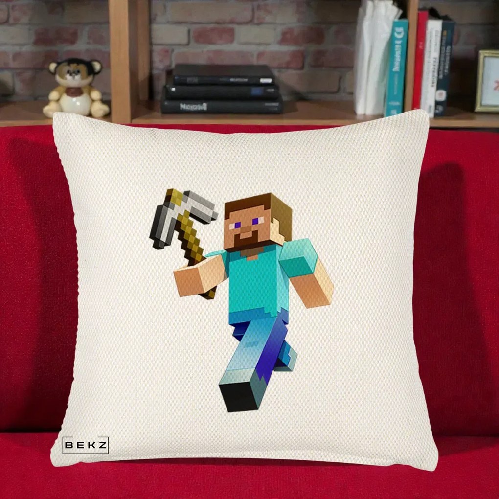 Perna Personalizata Minecraft Steve cu Tarnacop, 40x40 cm, Crem Reliefat, Husa Detasabila, Perna Inclusa, BEKZ®