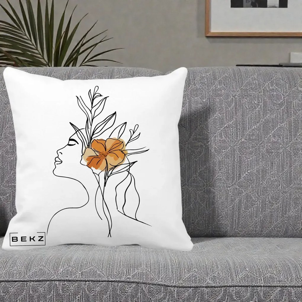 Perna Decorativa Portret Feminin Floare Portocalie Lateral, 40x40 cm, Alba Mata, Husa Detasabila, Perna Inclusa, BEKZ®