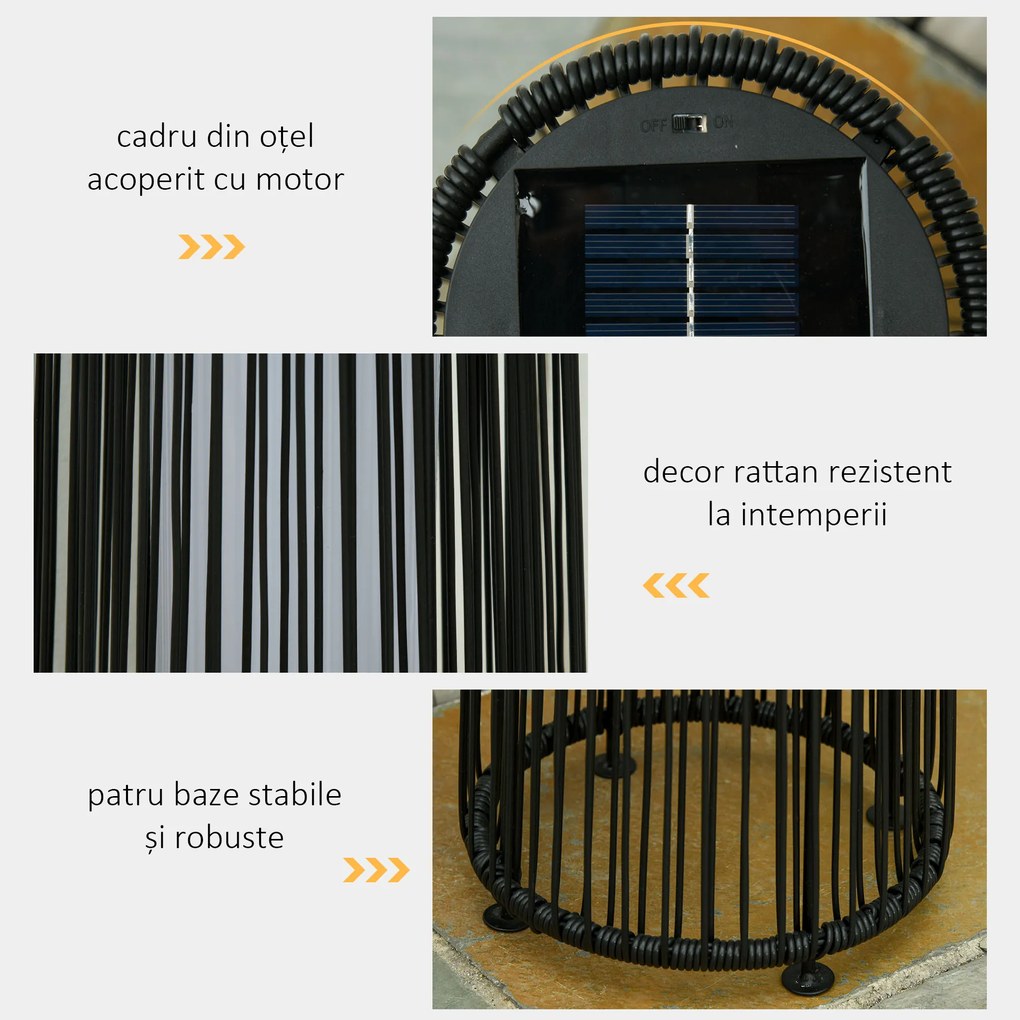 Outsunny Lanternă Solară de Grădină cu Panou de Încărcare, Lampă solară de Exterior din Metal și Ratan, Ø21.5x61 cm, Negru | Aosom Romania