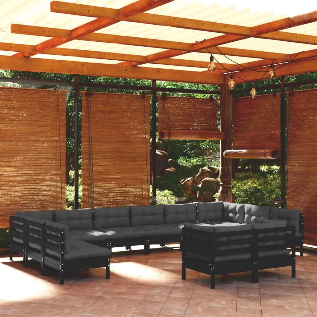 3097275 vidaXL Set mobilier grădină cu perne, 12 piese, negru, lemn masiv pin