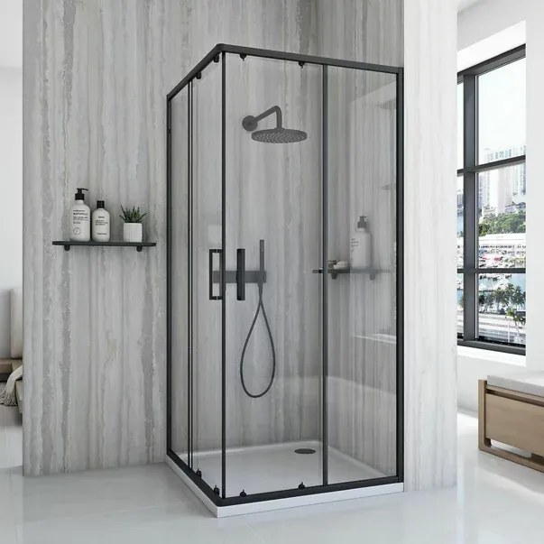 Cabina de dus patrata cu usi glisante negru Rea City 80x80 cm si cadita neagra