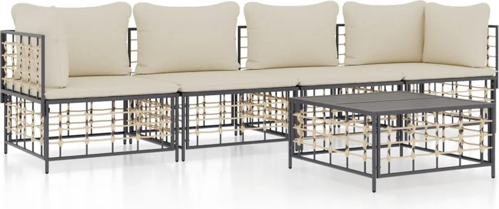 vidaXL Set șezlonguri de grădină 5 piese cu perne, antracit, poliratan