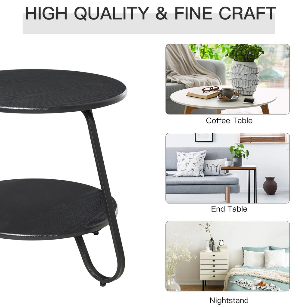 HOMCOM Masuta Rotunda, blat dublu, cadru din metal, pentru casa birou, negru, Φ50 x 46.5cm Rotunda blat metal negru