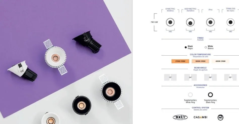 Spot LED incastrabil TULIPA White recessed downlight 10W 55° 4000K CRI90 dali IP44
