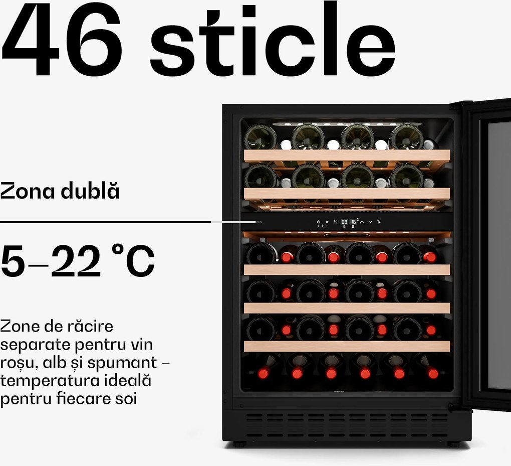 Klarstein Frigider încorporabil Velaire pentru vin, modern, elegant, protecție UV, dublă zonă, 46 sticle