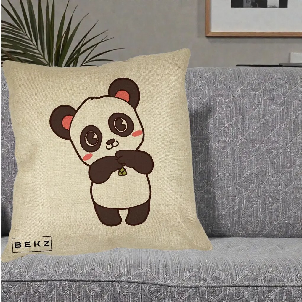 Perna Personalizata Panda Kawaii cu Bambus, 40x40 cm, Crem, Husa Detasabila, Perna Inclusa, BEKZ®