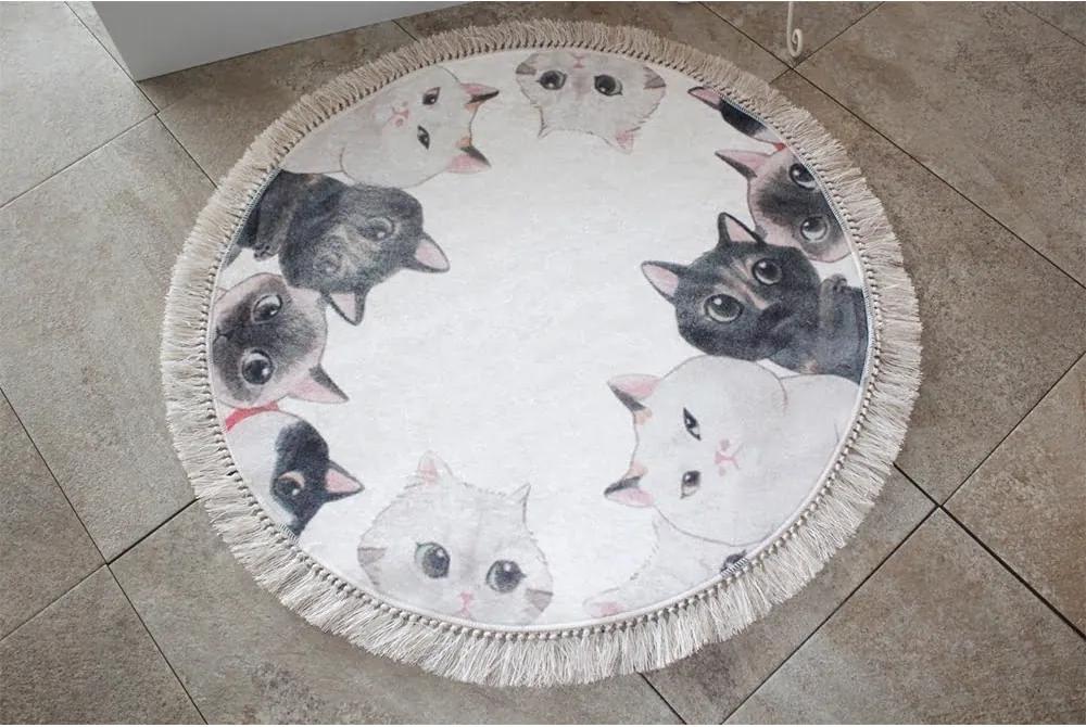 Covoras de Baie Chilai Cats, fibre acrilice, rotund, crem, negru, 90 cm