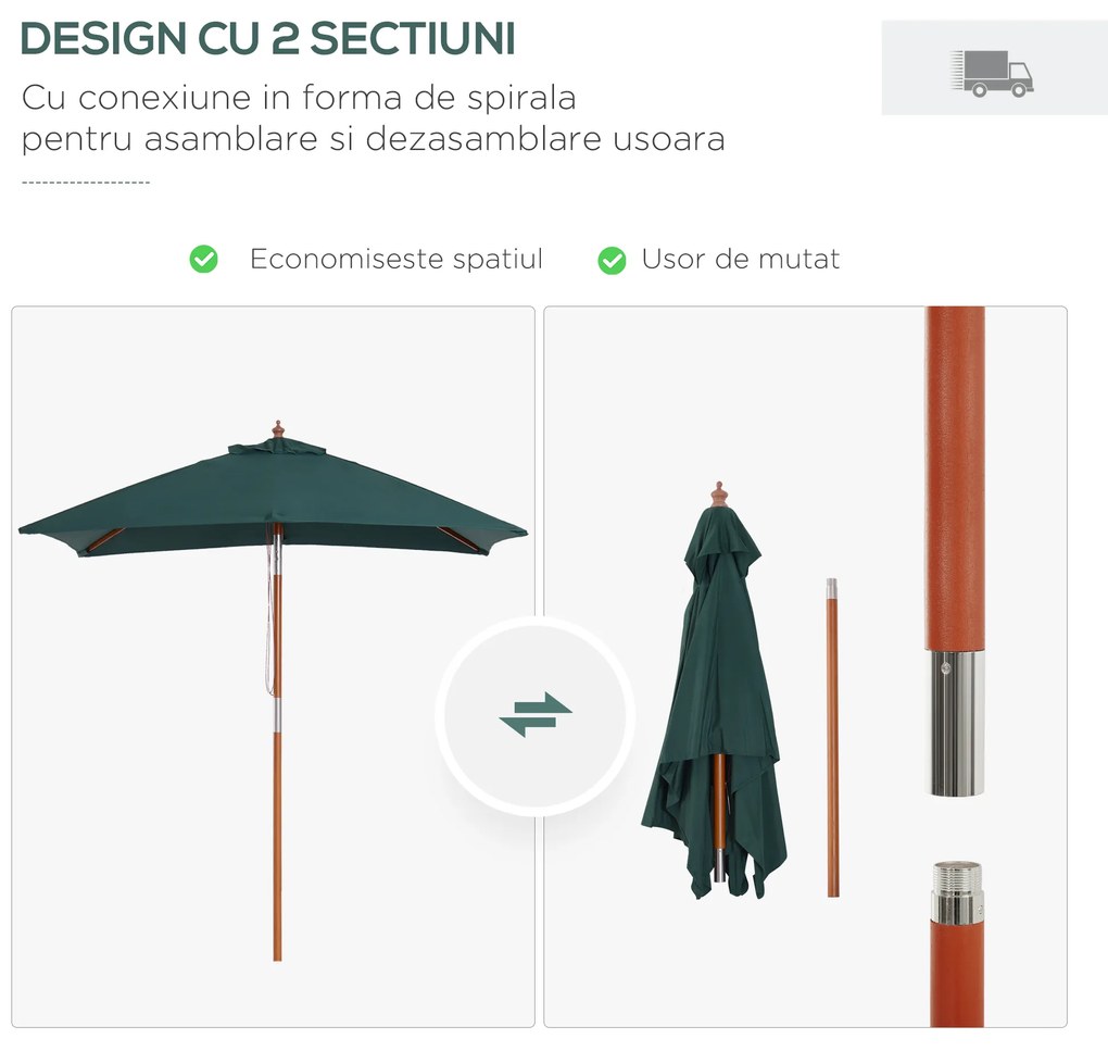Umbrela Dreptunghiulara Outsunny din Bambus, 2x1.5x2,3m | Aosom Romania
