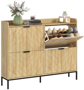 HOMCOM Mobila de pantofi 16 perechi cu 4 sertare, uși rabatabile, rafturi reglabile, 110 x 23,5 x 95,5 cm, stejar | Aosom Romania