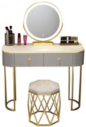 Set Lisa, Masă de toaletă pentru machiaj cu oglindă iluminată LED, control touch, sertar, taburet tapitat, Gri, 100x40x75 cm