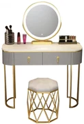 Set Lisa, Masă de toaletă pentru machiaj cu oglindă iluminată LED, control touch, sertar, taburet tapitat, Gri, 100x40x75 cm