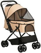 PawHut Cărucior Pliant pentru Câini Mici cu Mâner Rotativ, Roți cu Frâne și Coș de Depozitare, 76,5x52x95 cm, Maro | Aosom Romania