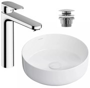 Pachet lavoar pe blat Omnires Tulsa alb 36 cm, baterie lavoar Hansgrohe Vernis Blend crom si ventil lavoar Click-Clack crom