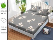 Husa de pat cu elastic 180x200 din Bumbac Finet + 2 Fete de Perna - Gri Cu Flori