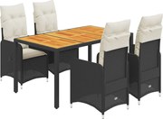 vidaXL Set bistro de grădină cu perne, 5 piese, negru, poliratan