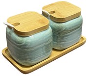 Set 2 recipiente din ceramica, capace si tava din Bambus, 20x10x11 cm