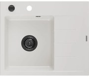 Mexen Ben chiuvetă de granit cu o cuvă și picurător stânga 600 x 500 mm, albă, sifon negru - 6522605000-20-B