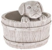 Husă din beton pentru ghiveci Câine în butoi marodeschis, 17 x 19 cm