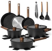 Set de oale si tigai Just Perfecto JL-111, 15 piese, Acoperire din granit, Inductie, Ustensile, Negru