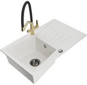 Mexen Cesar chiuvetă de granit cu un compartiment, cu picurător și baterie de bucătărie Duo, Albă - 6514-20-671701-57-B