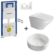 Set vas wc rimless cu capac soft close, lavoar baie efect marmura rotund si rezervor wc cu clapeta alba