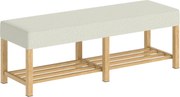 HOMCOM Bancă pentru pantofi din lemn masiv de 140 cm, bancă modernă de hol cu șezut tapițat pentru două persoane, lemn natural și Alb-crem | Aosom Romania